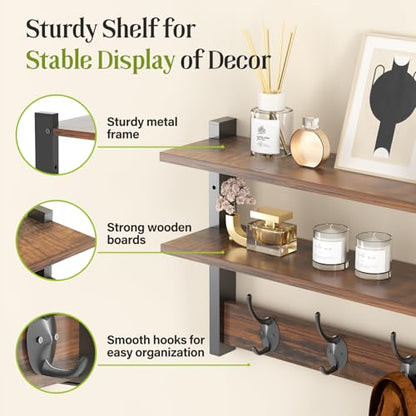 Two-Tier Wall Shelf with Hooks, 17" Coat Rack Wall Mount with Shelf, Key Hooks for Wall with Heavy Duty Double Hooks, Coat Hook Wall Mounted for Bedroom, Living Room, Rustic Brown - color: Brown-1 Pack