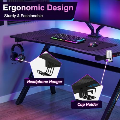 BestOffice | 47" Gaming Table | Black & Blue | R-Shaped Computer Desk | with Steel Frame, Headphone Hook, Adjustable Feet | Carbon Fiber Texture| Easy to Clean | for Gaming, Home Office - color: Black&blue, size: 47 Inch R Shaped