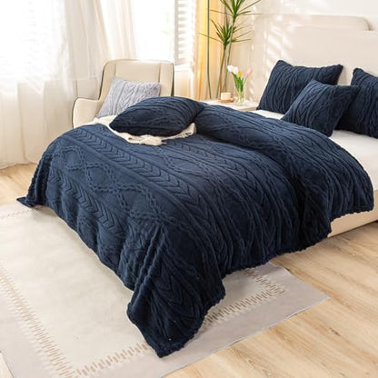 YUSOKI Sherpa Fleece Queen Size Blanket, Navy Blue, 90"x90" | 3D Stylish Design,320GSM, Non-Shedding, Lightweight for All Season Use, stays fluffy after repeated washes, Perfect Gifts - color: Navy-(without Pillows), size: Queen (90" x 90")
