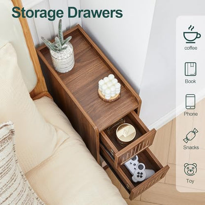 Narrow Nightstand Set of 2, Wooden Small 2 Drawer Nightstand, Slim Side End Table, Skinny Bedside Table, Mid Century Modern Night Stand with Drawers for Bedroom (Deep Walnut-2 pcs) - color: Deep Walnut-2 Pcs