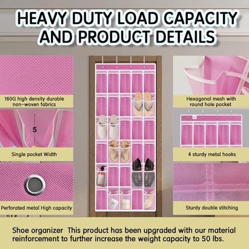 Kotkn Over the Door Shoe Organizer with 30 Breathable Mesh Pockets - Large Capacity Closet Storage for Men & Women, Hanging Shoe Rack Organizer (Pink) - color: Pink