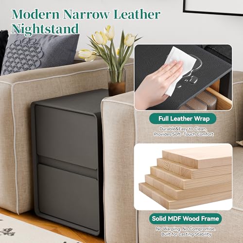 15.8" W Leather Narrow Nightstand Set of 2, Modern Fully-Assembled Bedside Table with 2 Drawers, Night Stand Small End Table & Side Table for Bedroom, Black - color: Black Set of 2, size: 16in