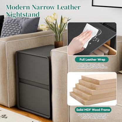 15.8" W Leather Narrow Nightstand Set of 2, Modern Fully-Assembled Bedside Table with 2 Drawers, Night Stand Small End Table & Side Table for Bedroom, Black - color: Black Set of 2, size: 16in