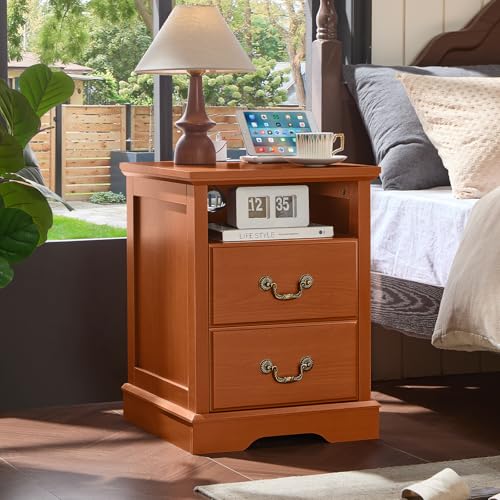 Farmhouse Night Stand with Charging Station, Caramel | 2 Drawers End Tables Bedroom, Bedside Table with Rustic Handles & Floor-Standing Thickened Foot & Open Shelf - color: Caramel, size: 18"D x 18"W x 24"H (2 Drawers)