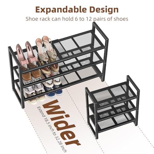 Simple Trending 3-Tier Expandable Shoe Rack, Adjustable & Stackable Shoe Organizer, Metal Mesh Free Standing Shoe Shelf Storage for Closet Entryway Doorway, Black