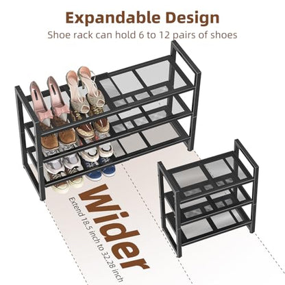 Simple Trending 3-Tier Expandable Shoe Rack, Adjustable & Stackable Shoe Organizer, Metal Mesh Free Standing Shoe Shelf Storage for Closet Entryway Doorway, Black