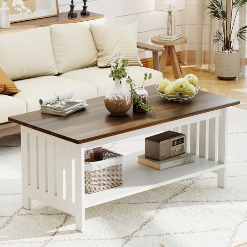 39.4" Farmhouse Coffee Table, Small Coffee Tables for Living Room | White, 2 Tier Coffee Table with Storage, Tea Table for Living Room Bedroom Small Space - color: White