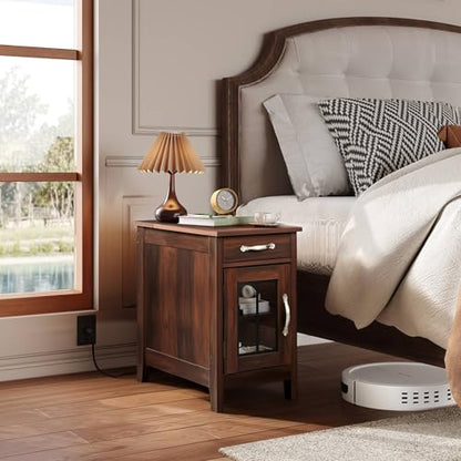 WLIVE End Table with Charging Station, Narrow Nightstand for Living Room, Farmhouse Night Stand with Storage, Small Wooden Cabinet Side Table with USB Ports and Outlets, 23.62"D x 13.78"W x 23.62"H - color: Espresso