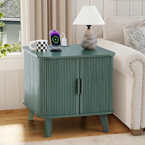 24" Large Fluted End Table with Charging Station, Farmhouse Sofa Side Table with Sliding Tambour Door & Storage, Curved Rustic Wood Nightstand for Living Room, Bedroom, Green - color: Green