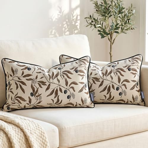 White Floral Pillow Covers 12x20 Inch Set of 2, Cotton Vintage Plant Throw Pillows Decorative Covers Lumbar Farmhouse Accent Neutral Covers for Couch Sofa Bed Living Room - color: White, size: 20" x 12" (Pack of 2)