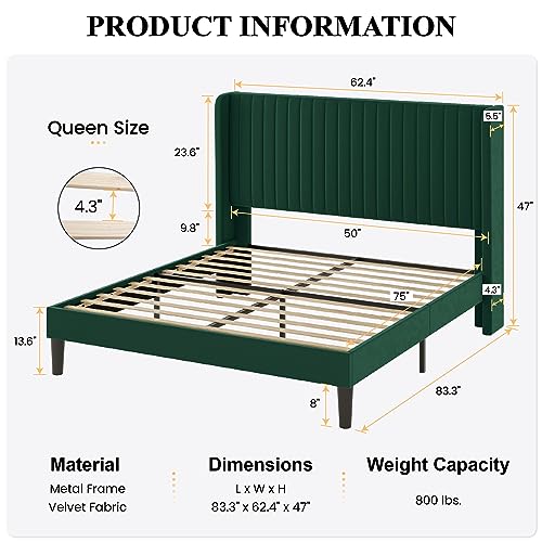 SHA CERLIN Queen Size Velvet Bed Frame, Tufted Wingback Headboard, Green | 47'' Modern Vertical Channel Headboard, Upholstered Platform Bed, Wood Slats, No Box Spring Needed, Easy Assembly, Noise Free - color: Green, size: Queen