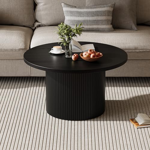 MAISONARIA Black Round Coffee Table with Metal Frame, 35.4" Coffee Tables for Living Room, Circle Wood Accent Center Table for Apartment - color: Black
