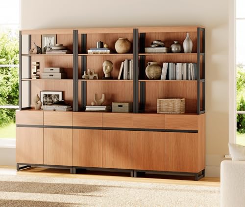 WAMPAT 3 PCS Modern 72" Tall Bookshelf with Metal Base and Adjustable Shelves, Library Bookcase with Storage Cabinet and Open Book Shelfs, Wood Bookshelves for Home Office, Living Room, Mocha - color: Mocha-a, size: 3 PCS