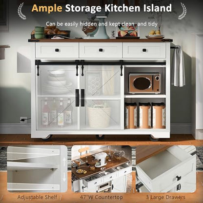 53.7" Kitchen Island with Drop Leaf & Power Outlet, Rolling Kitchen Island Cart On Wheels with 2 Sliding Barn Door, Kitchen Island Table with Storage, for Kitchen, Dining Room (White) - color: White