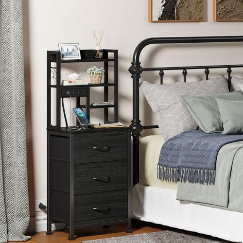 Black Nightstand with Bookshelf, Tall Bedside Table & Night Stand | 3 Fabric Drawers & LED Lights, 45.3" Bed Side & End table with Charging Station in Bedroom, Dorm, Metal Frame, Wood Shelves - color: Black Oak, size: 3 Drawer