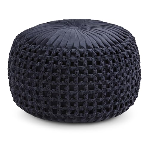 SIMPLIHOME Safford 20" Wide Square Pouf in Black/White PET Polyester | Boho footstool, extra seating for home living room or bedroom with button-tufted pleated design, assembled; pouf ottoman. - color: Navy, style: Pouf