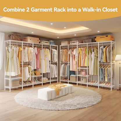 Higeego H5 Clothing Rack for Hanging Clothes, Heavy Duty Closet Rack, White | Large Garment Rack, 93.3"Wx15.7"Dx75.4"H, Freestanding Wardrobe Closet, with Adjustable Shelf, Load 1400 lbs - color: White