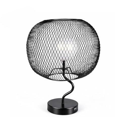 Cordless Industrial Table Lamp, Touch Dimmable Bedside Lamp with Black Metal Mesh Shade, USB-C Rechargeable Warm Ambient Light for Bedroom, Living Room, Dining Table, Side Table