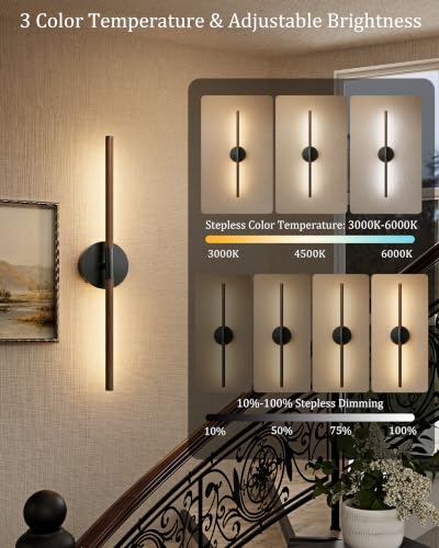 32" Battery Operated Wall Sconce Set of 2, 350° Rotating Lamp, Walnut Black | Wireless, 8000mAh Rechargeable Battery, Stepless Dimming, 3000K-6000K, Remote & Touch Control, Timer, Living Room, Bedroom - color: Walnut Black, size: 32 Inch (2 Pack)
