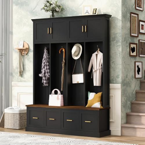Farmhouse Hall Tree with Storage Cabinet & Shoe Bench, Black | 78.5’’ Tall Entryway Organizer with 4 Door, 4 Drawers & 4 Coat Hooks for Hallway Living Room Mudroom - color: Antique Black, size: 59.05''W x 15.74''D x 78.54''H