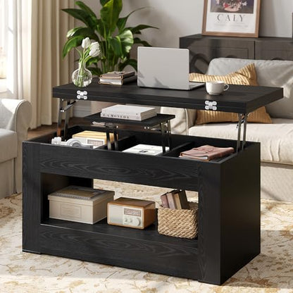 UNIQUITE 40" Lift Top Coffee Table, 4 in 1 Multi-Function Lift Coffee Tables with Storage and Hidden Compartment, Convertible Coffee Table to Dining Table for Living Room, Black - color: Black