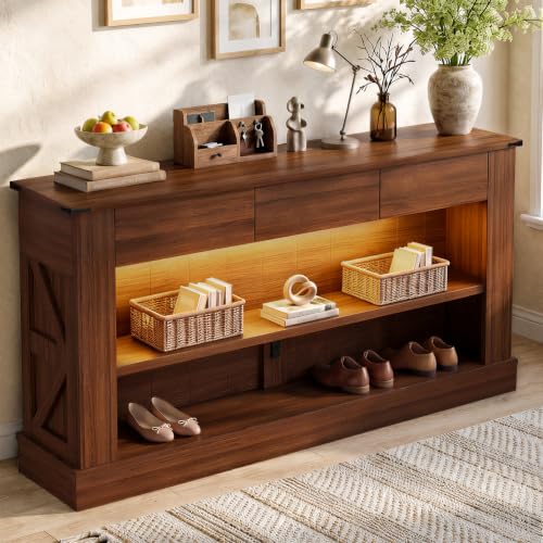 Miereirl 63" Console Table with Drawers & LED Light, Farmhouse, Walnut | Narrow Entryway Sofa Table, 3 Storage Drawers & Open Shelves, Behind Couch, Living Room Hallway Foyer - color: Walnut