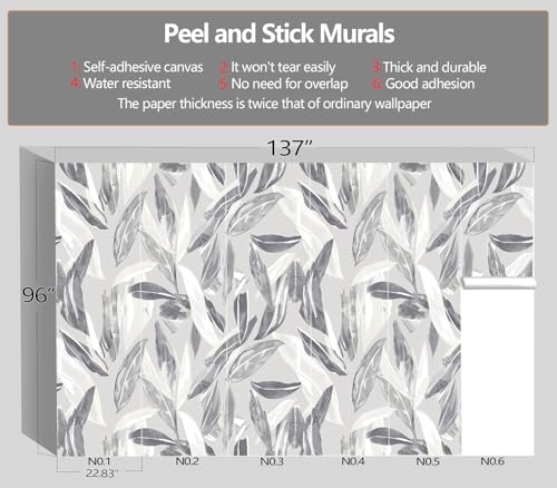 XMPMBM-Peel and Stick Grey Leaves Wallpaper Watercolor Leaf wall Mural | Tear-resistant,good adhesion,repositionable,and durable;does not peel off easily.size: L-137"X96" - color: X08, size: 137"x96"