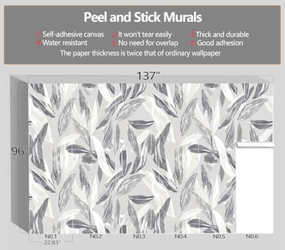 XMPMBM-Peel and Stick Grey Leaves Wallpaper Watercolor Leaf wall Mural | Tear-resistant,good adhesion,repositionable,and durable;does not peel off easily.size: L-137"X96" - color: X08, size: 137"x96"