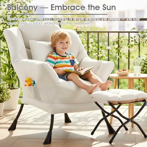 Lazy Chair with Ottoman, Comfy Reading Chair for Bedroom，Beige | Comfy Bedroom Accent Chair with Washable Removable Cover and extra throw pillow for Living Room Dorm - color: Peach Beige-1