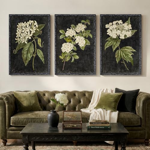 Vintage Framed Hydrangea Floral Wall Art for Living Room, 3 Piece Large Retro Botanical Canvas Print Paintings, Dark Black Classic Flower Pictures Artwork Decor for Bedroom Hallway 24x36 Inch - color: black yellow, size: 24W" x 36H"x3Pcs