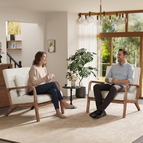 Modern Accent Chairs Set of 2,Upholstered Reading Arm Chair with Lumbar Pillow & Solid Wood Frame, Living Room Chairs, Breathable Linen,Beige - color: New Arrival - Beige, Linen, New Armrest, size: Set of 2