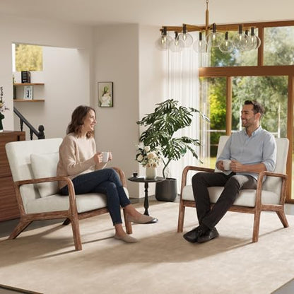 Modern Accent Chairs Set of 2,Upholstered Reading Arm Chair with Lumbar Pillow & Solid Wood Frame, Living Room Chairs, Breathable Linen,Beige - color: New Arrival - Beige, Linen, New Armrest, size: Set of 2