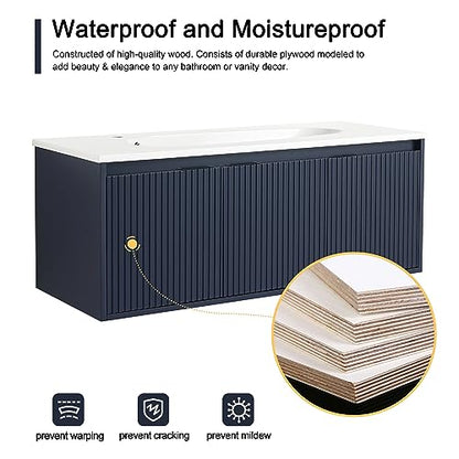 Malwee 48 Inch Floating Bathroom Vanity with Waterdrop Resin Sink, 3 Doors, Navy Blue