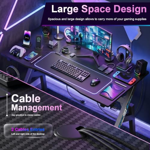 BestOffice | 47" Gaming Table | Black & Blue | R-Shaped Computer Desk | with Steel Frame, Headphone Hook, Adjustable Feet | Carbon Fiber Texture| Easy to Clean | for Gaming, Home Office - color: Black&blue, size: 47 Inch R Shaped