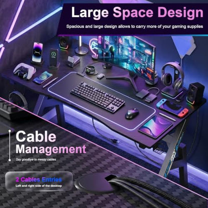 BestOffice | 47" Gaming Table | Black & Blue | R-Shaped Computer Desk | with Steel Frame, Headphone Hook, Adjustable Feet | Carbon Fiber Texture| Easy to Clean | for Gaming, Home Office - color: Black&blue, size: 47 Inch R Shaped