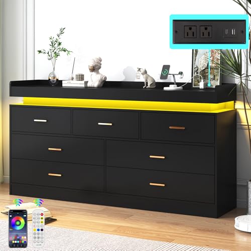 jiteentarou 7 Drawer Dresser with Charging Station and LED Lights, Modern Chest of Drawers with Power Outlet, Organizer Cabinet for Bedroom, Living Room, Entryway, Black - color: Black, size: 15.4"D x 55.1"W x 34.6"H (7 Drawers)