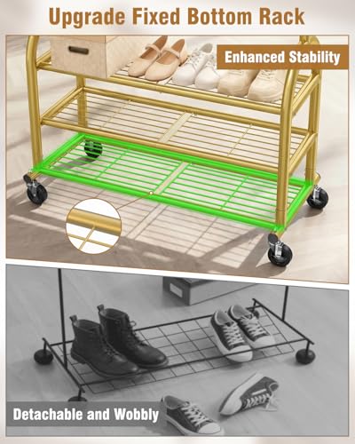 Heavy Duty Clothes Rack for Hanging Clothes Load 688 LBS, Height Adjustable Rolling Clothing Racks, Portable Metal Coat Rack Garment Wardrobe with Wheels and 3 Shelves for Bedroom, Gold - color: Gold, style: 3 Shelves