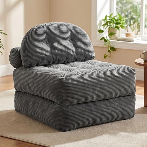 Convertible Corduroy Floor Sofa, 3-in-1 Folding Lazy Sofa Bed with Adjustable Backrest, Soft Bean Bag Chair Lounger for Living Room, Bedroom, Guest Room, Oversized Sleeper Chair (Gray, Single) - color: Grey, size: Single