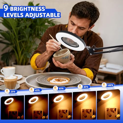 Akynite 12X Magnifying Glass with Light and Stand,5 Color 9 Levels Dimmable | Hands Free, Flexible Robot Arm, USB, with Adapter, Dual Base, 144 LED, Real Glass Magnifying Desk Lamp for Craft Close Work