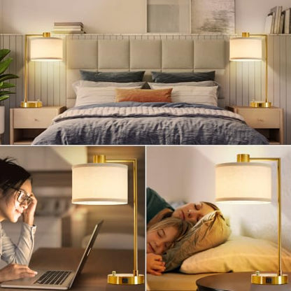 Gold Table Lamp Set of 2, Dimmable Bedside Lamps for Night Stands, USB A+C | Nightstand Lamp with Linen Lampshade, 2 LED Bulbs Included,Desk Lamp for Bedroom, Living Room, End Table, Reading, Office - color: Gold