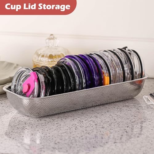 2Pack Stainless Steel Tumbler Cup Lid Organizer, Mason Jar Lid Holder | Rectangular, Stainless Steel Mesh, Cabinet Storage Basket, Silverware, Chopsticks, Straws, Utensils - style: SilverIndustrial-2pack
