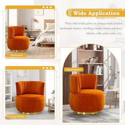 SLEERWAY 360° Swivel Barrel Chair, Modern Velvet Round Accent Chair, Comfy Upholstered Small Armchair with Gold Metal Base for Living Room Bedroom Nursery Office Sillas para Sala, Orange - color: Orange