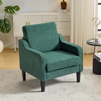 VINGLI Upholstered Chenille Accent Chair for Living Room, Bedroom, Mid-Century Modern Arm Chair Comfy Reading Chair with Scooped Arms (1, Dark Green) - color: Dark Green
