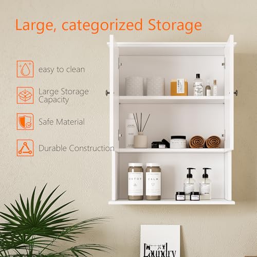 Medicine Cabinet, Over The Toilet Storage Cabinet, 24x30 Inch Wall Mount Bathroom Storage Cabinet with 2 Doors & Adjustable Shelf, Wooden Bathroom Wall Cabinet, White - color: White&silver