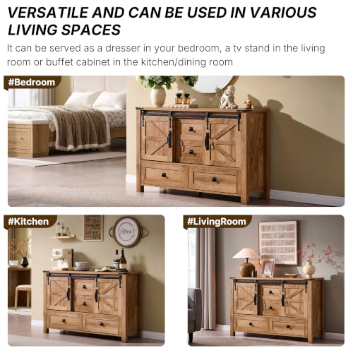 T4TREAM 48" Wide Farmhouse Sideboard Buffet Cabinet, Light Tree Knot | 31.2" Tall Kitchen Cabinet with Storage, 2 Sliding Barn Doors, 4 Drawers, Rustic Wood, Coffee Bar Table, Dining Room - color: Light Tree Knot