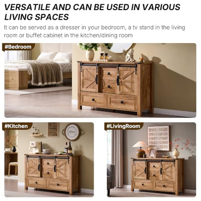 T4TREAM 48" Wide Farmhouse Sideboard Buffet Cabinet, Light Tree Knot | 31.2" Tall Kitchen Cabinet with Storage, 2 Sliding Barn Doors, 4 Drawers, Rustic Wood, Coffee Bar Table, Dining Room - color: Light Tree Knot