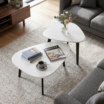 Nesting Coffee Table Set of 2-Mid Century Moder Coffee Table | Guitar Pick Stacking Tables with Solid Wood Legs,Small Coffee Tables for Small spaces,Living Room,Balcony - color: White