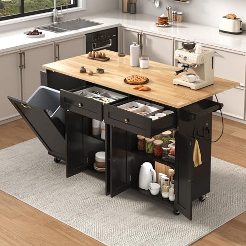 67" Large Movable Kitchen Island w/Sliding Drop Leaf,Power Outlet, Kitchen Rolling Island Cart w/ 2 Drawers, Island Table on Wheels w/Trash Storage Cabinet,Spice Rack, Towel Bar,Garage Hook, Black - color: Black, size: 17.7"D x 66.9"W x 35.8"H
