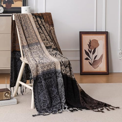 Boho Throw Blanket, Chenille Jacquard Tassels Throw Blankets for Bed Couch Soft Chair， Bohemian Fringe Tassels (Black, Large 86 * 102Inches) - color: Black, size: Large (86 x 102 in)