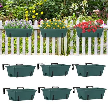 ETELI 6 Pack Deck Railing Planter Boxes Metal Hanging Window Boxes Planters | Green & Black, Indoor Outdoor, with Adjustable Hanging Brackets and Drainage Tray, for Patio Lawn - color: Green & Black